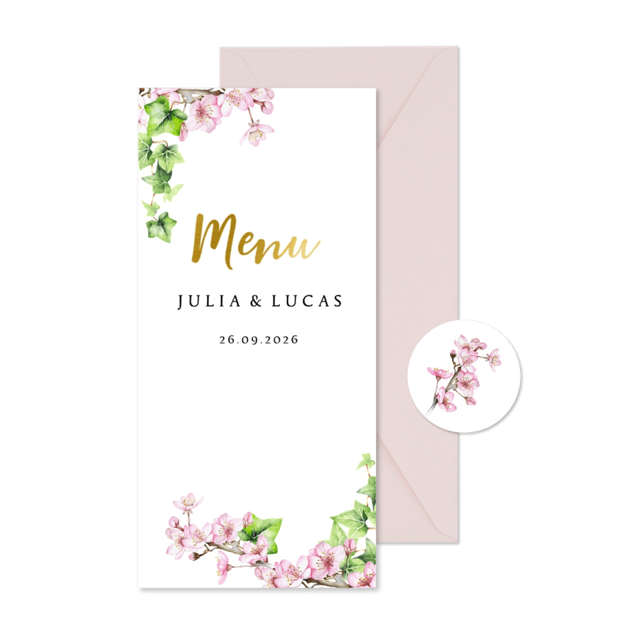 Menu trouwen bloesem klimop - Kaartimpressie