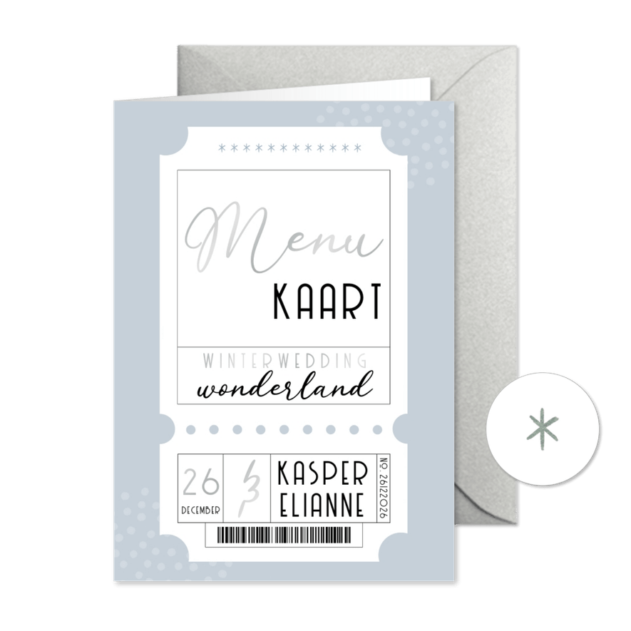 Menu trouwkaart blauw winter wedding ticket  - Kaartimpressie