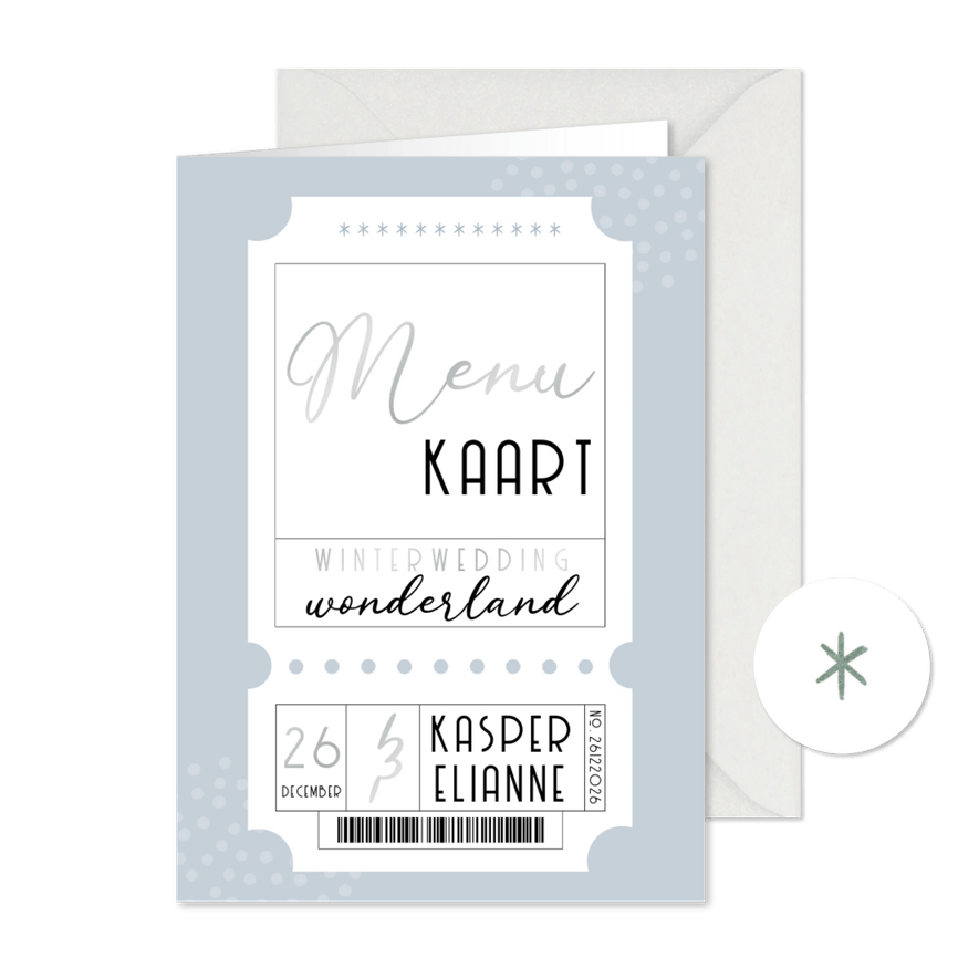 Menu trouwkaart blauw winter wedding ticket - Kaartimpressie