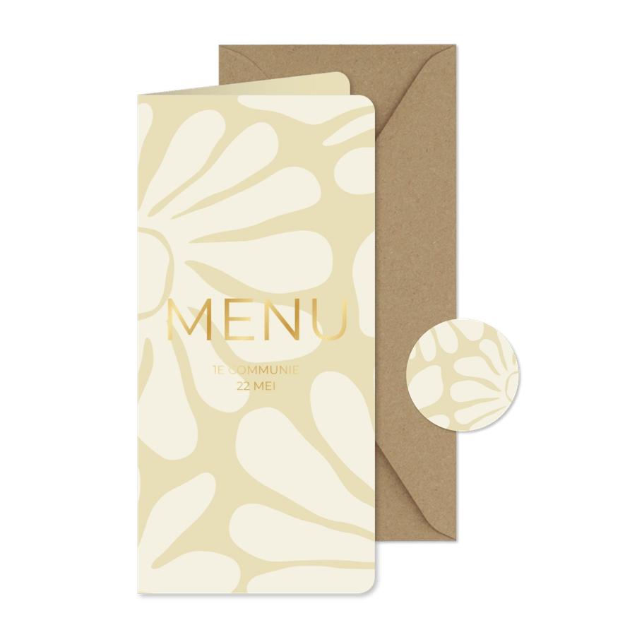 Menukaart abstracte bloemen naturel met goudfolie - Kaartimpressie