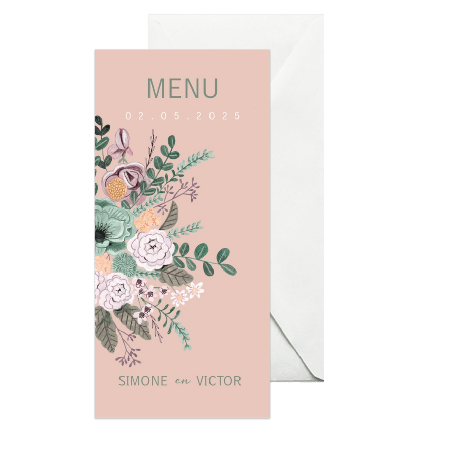 Menukaart bohemian blush pink and sage groen bloemen  - Kaartimpressie