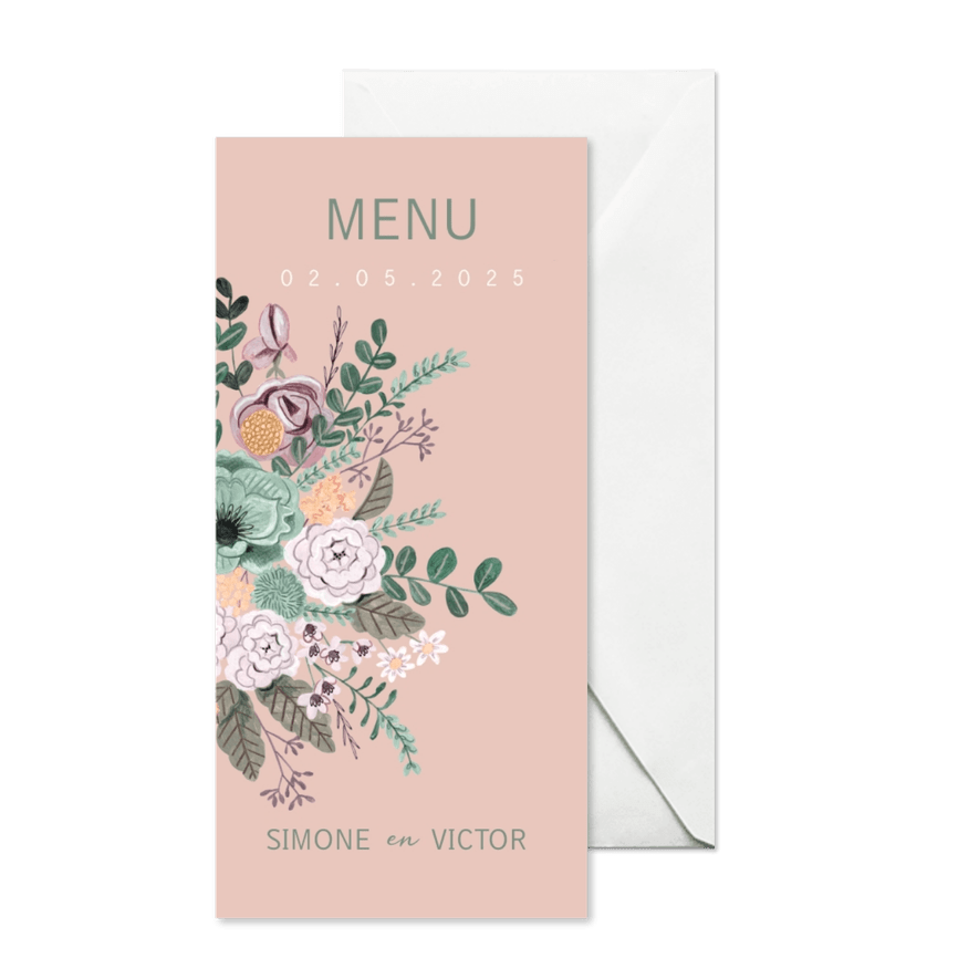 Menukaart bohemian blush pink and sage groen bloemen  - Kaartimpressie