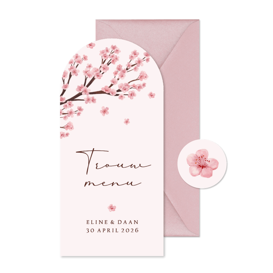 Menukaart boogkaart bruiloft bloesem lente romantisch roze - Kaartimpressie