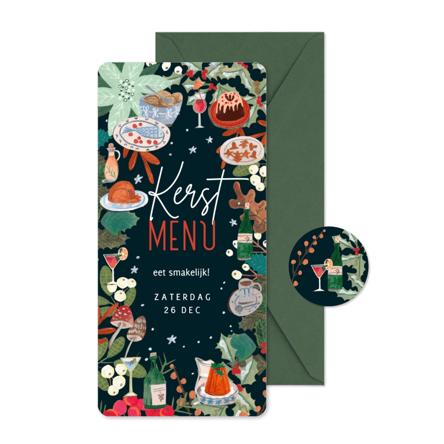 Menukaart botanisch kerstdiner maaltijden en dranken - Kaartimpressie