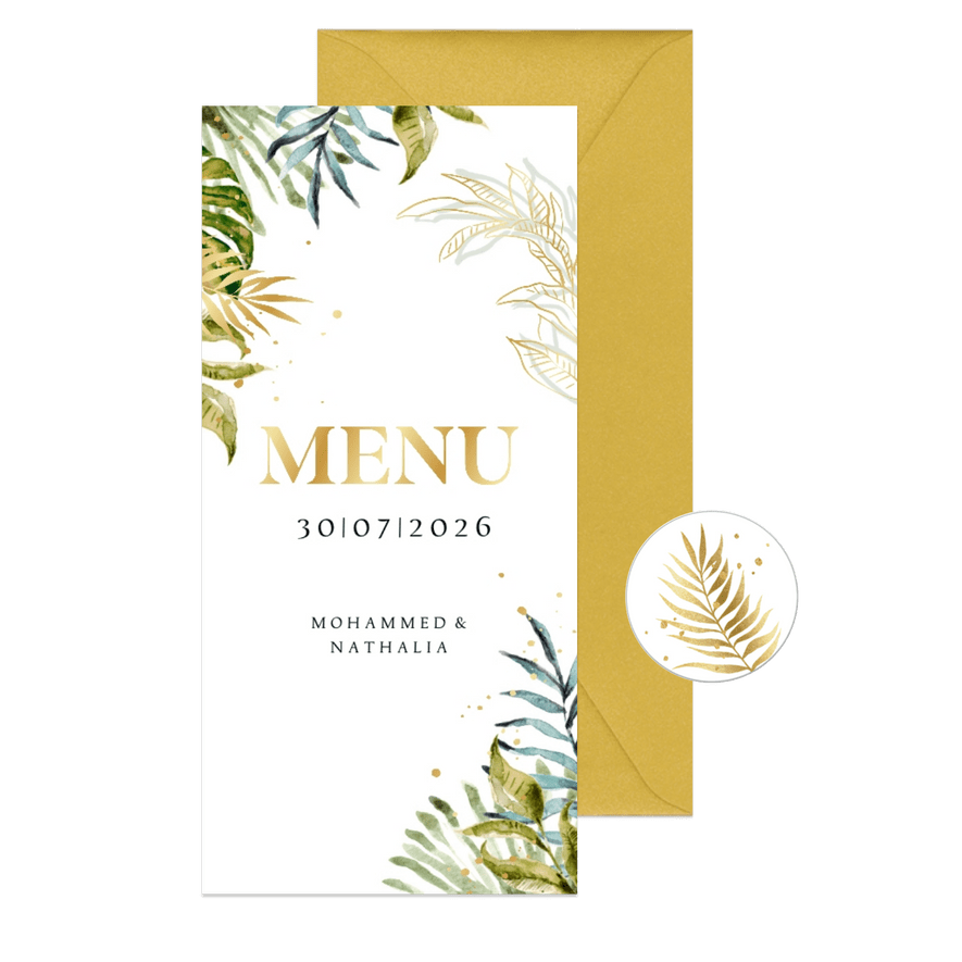 Menukaart botanische bladeren watercolour goud spetters - Kaartimpressie