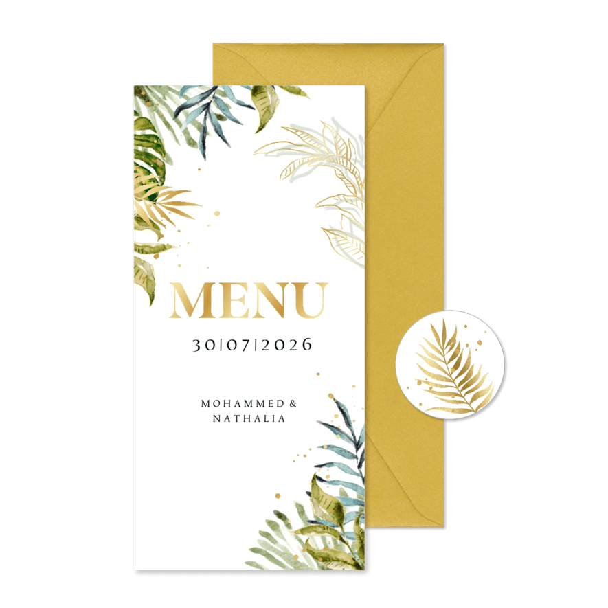 Menukaart botanische bladeren watercolour goud spetters - Kaartimpressie