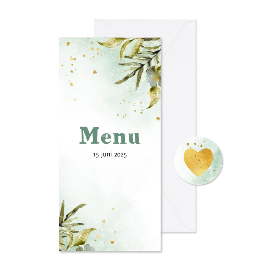 Menukaart botanische bladeren waterverf goud - Kaartimpressie