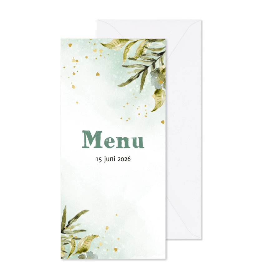 Menukaart botanische bladeren waterverf goud - Kaartimpressie