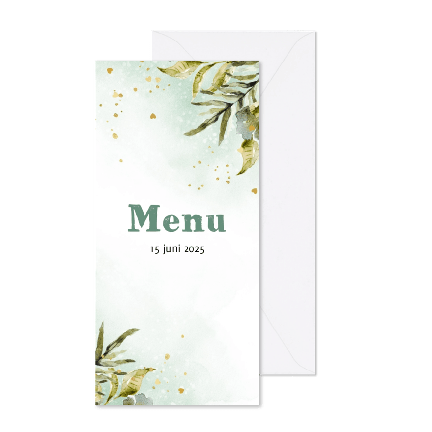 Menukaart botanische bladeren waterverf goud - Kaartimpressie