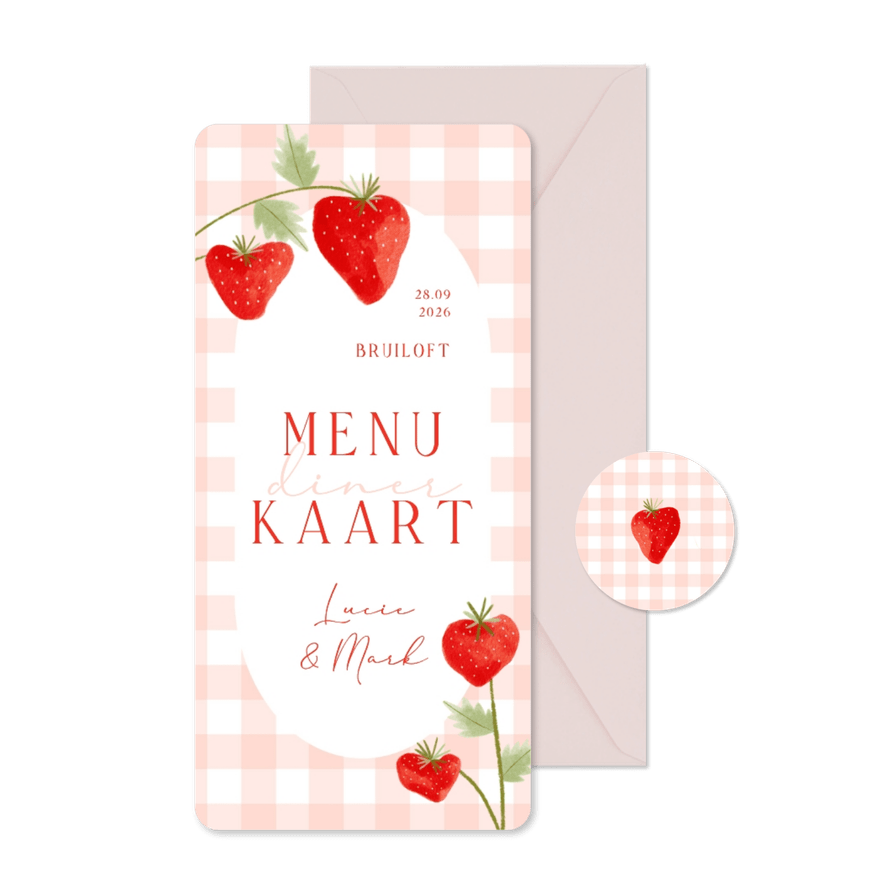 Menukaart bruiloft aardbeien rood ruitjes - Kaartimpressie