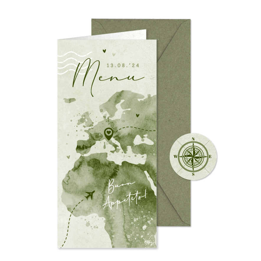 Menukaart bruiloft buitenland landkaart menu groen - Kaartimpressie