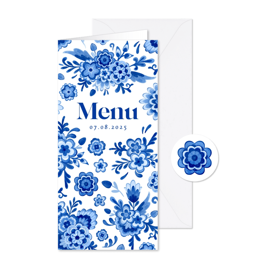 Menukaart bruiloft Delfts blauw bloemen romantisch vintage - Kaartimpressie