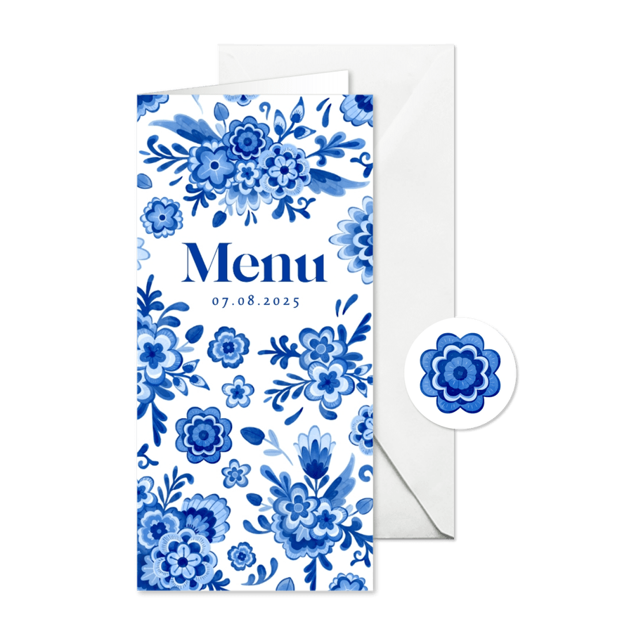 Menukaart bruiloft Delfts blauw bloemen romantisch vintage - Kaartimpressie