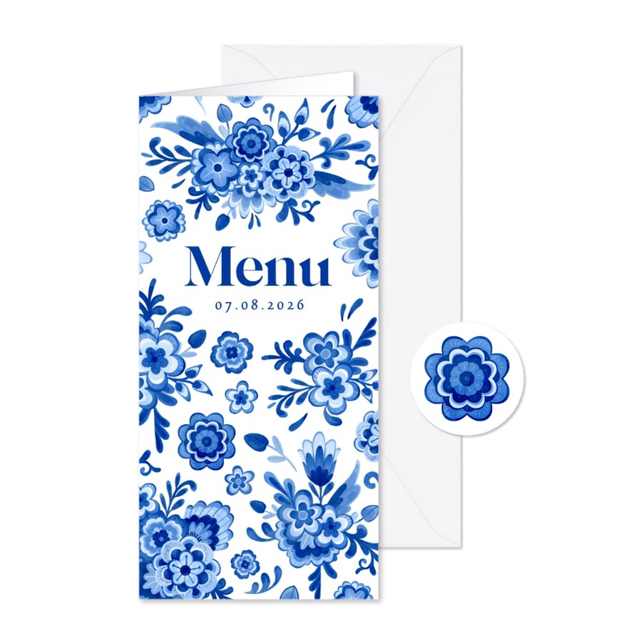Menukaart bruiloft Delfts blauw bloemen romantisch vintage - Kaartimpressie