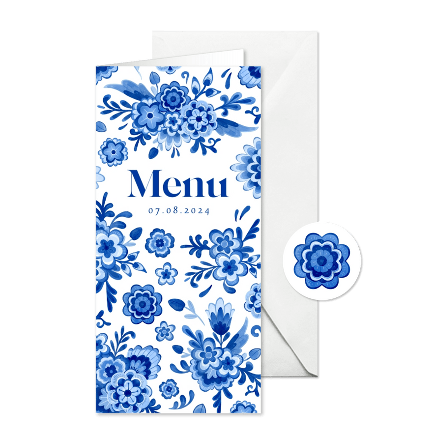 Menukaart bruiloft Delfts blauw bloemen romantisch vintage - Kaartimpressie