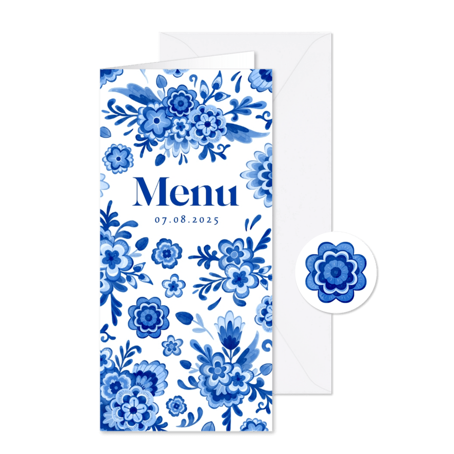 Menukaart bruiloft Delfts blauw bloemen romantisch vintage - Kaartimpressie