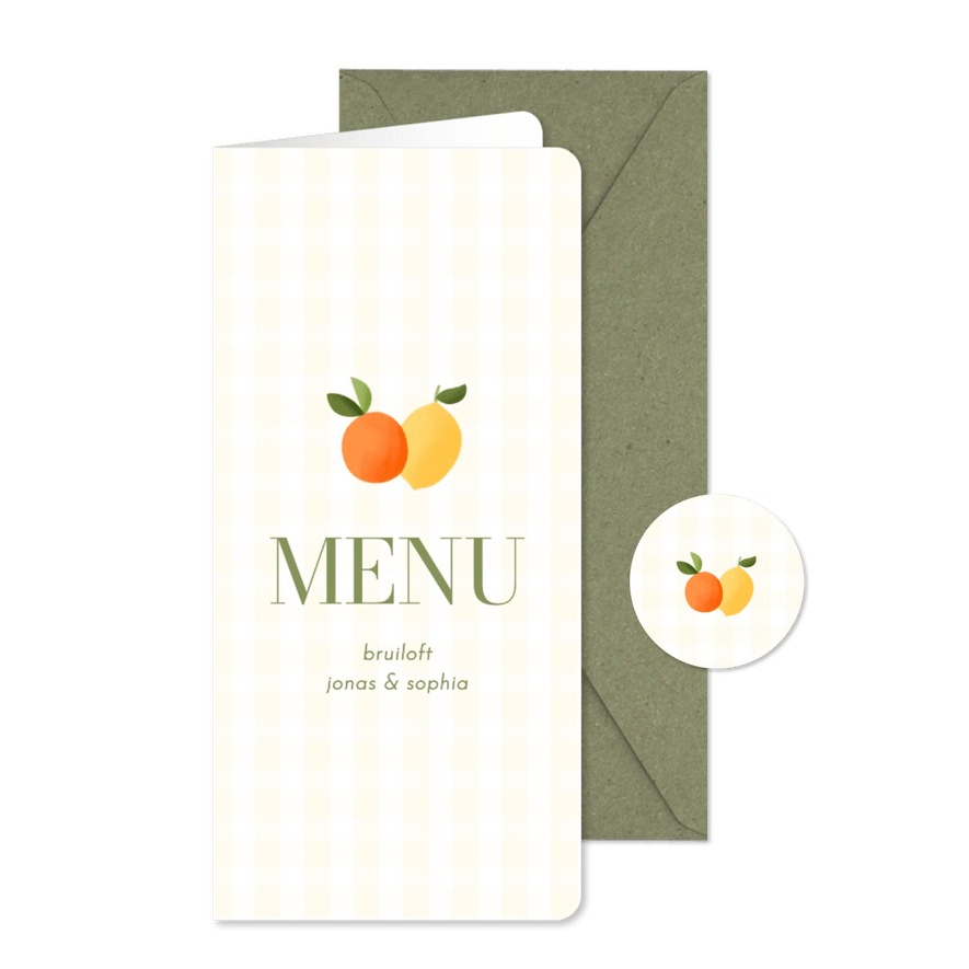Menukaart bruiloft geel ruitjes met citroen en mandarijn - Kaartimpressie