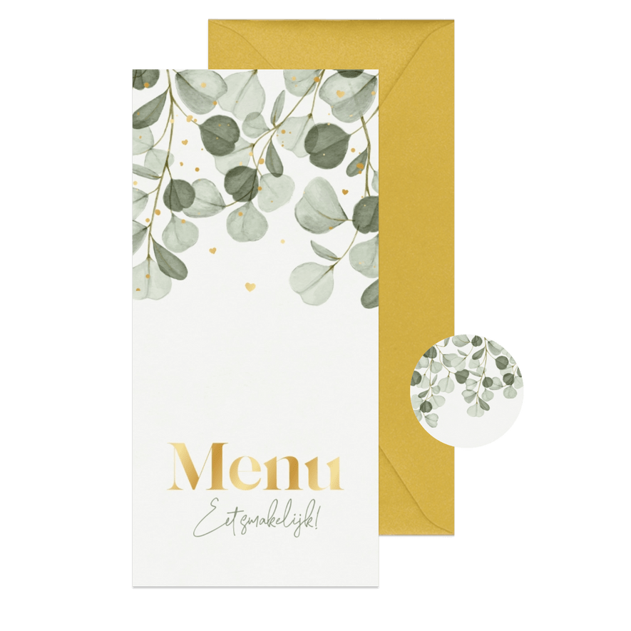 Menukaart bruiloft goud eucalyptus groen hartjes - Kaartimpressie