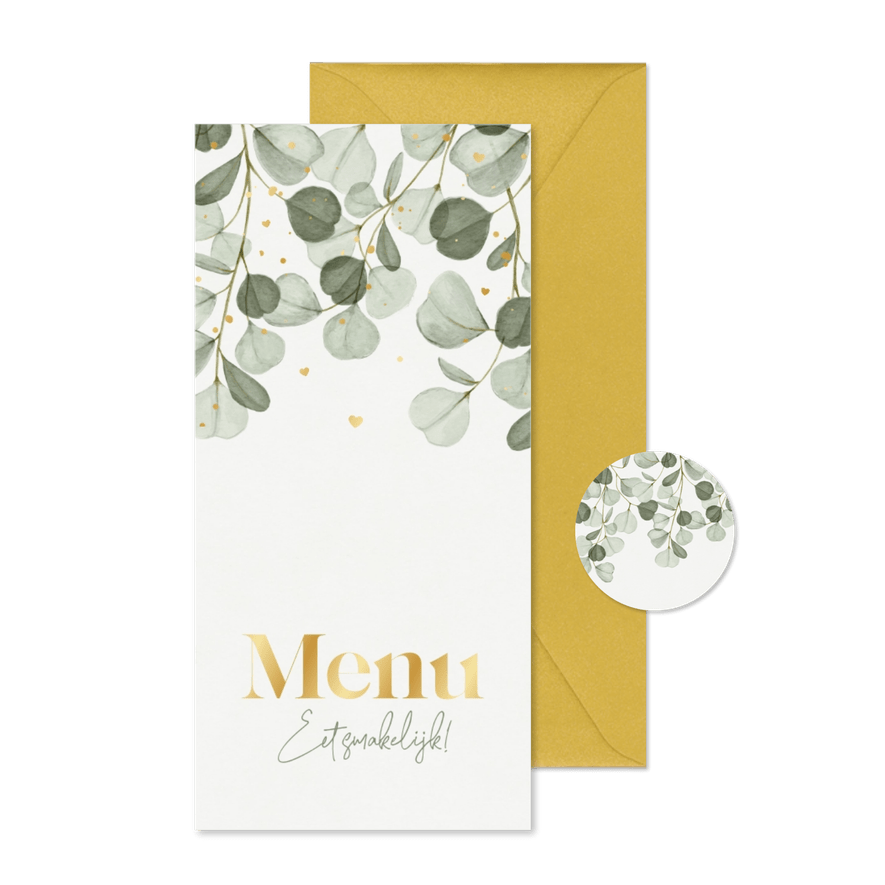 Menukaart bruiloft goud eucalyptus groen hartjes - Kaartimpressie