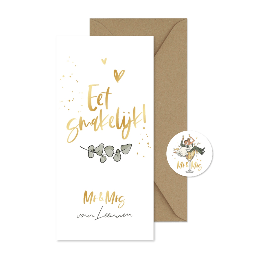 Menukaart bruiloft goud hartjes eucalyptus illustratie - Kaartimpressie