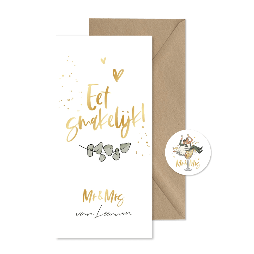 Menukaart bruiloft goud hartjes eucalyptus illustratie - Kaartimpressie