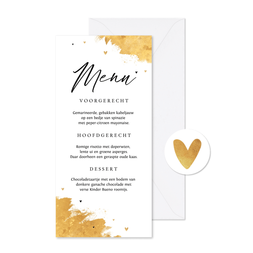 Menukaart bruiloft goud stijlvol hartjes - Kaartimpressie