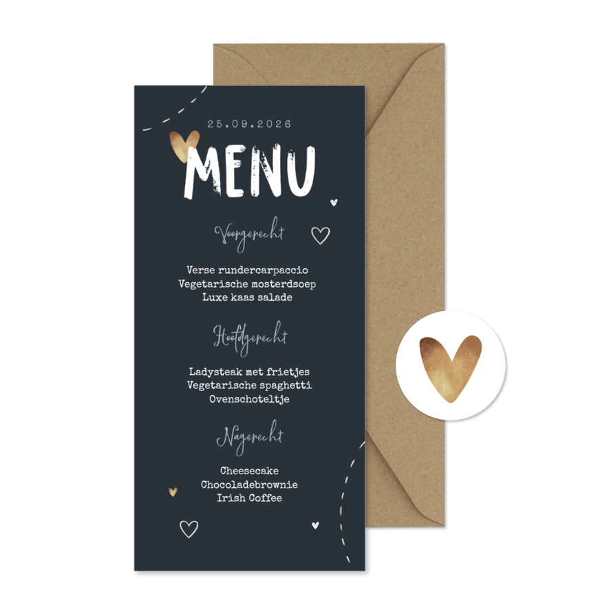 Menukaart bruiloft kurk hartjes foto's punaise - Kaartimpressie