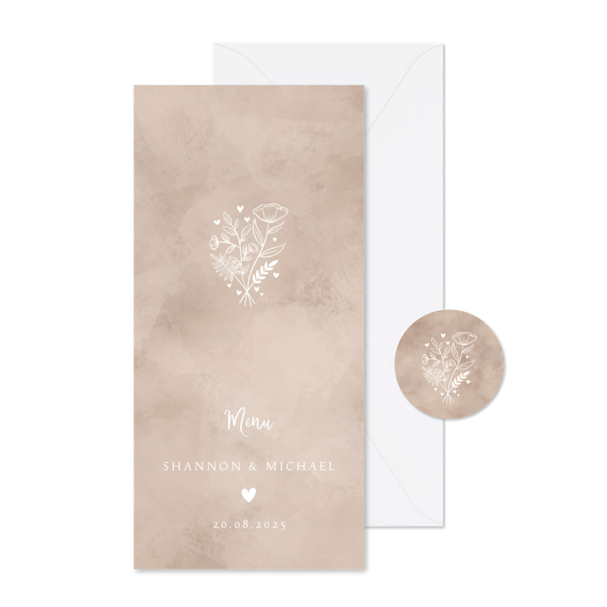 Menukaart bruiloft neutrale waterverf hartje & bosje bloemen - Kaartimpressie