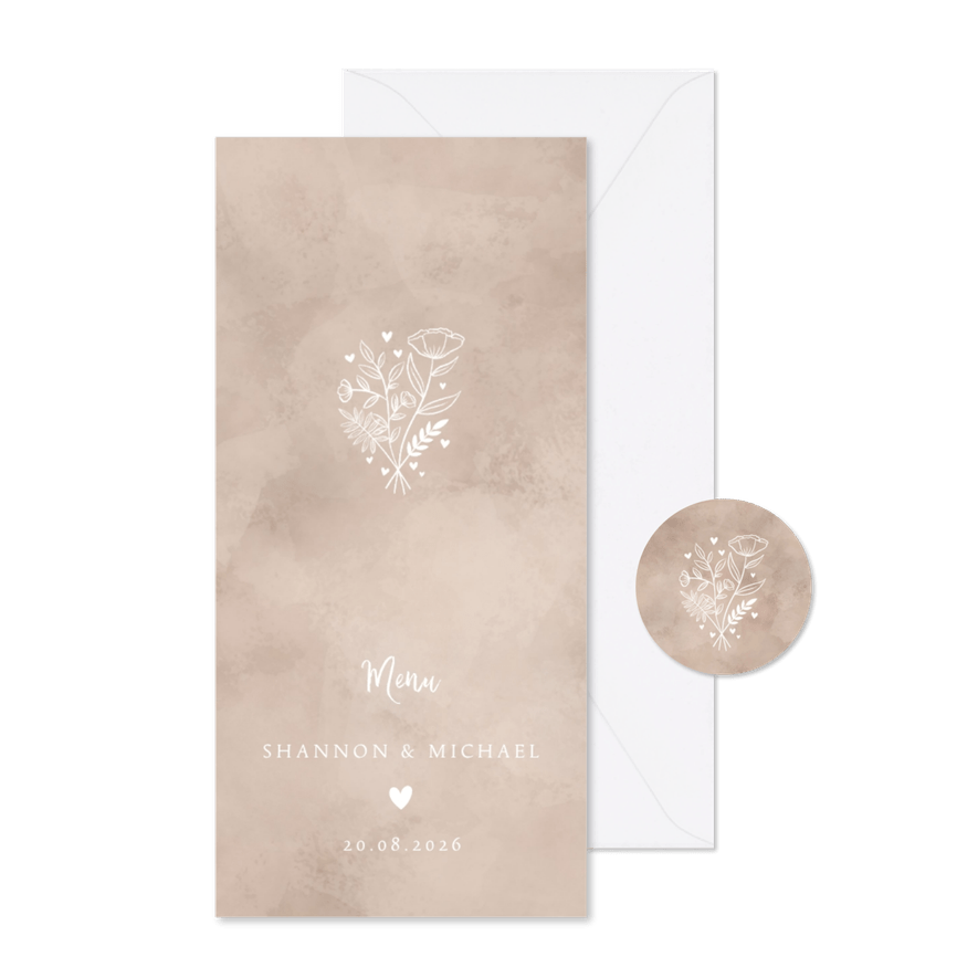Menukaart bruiloft neutrale waterverf hartje & bosje bloemen - Kaartimpressie