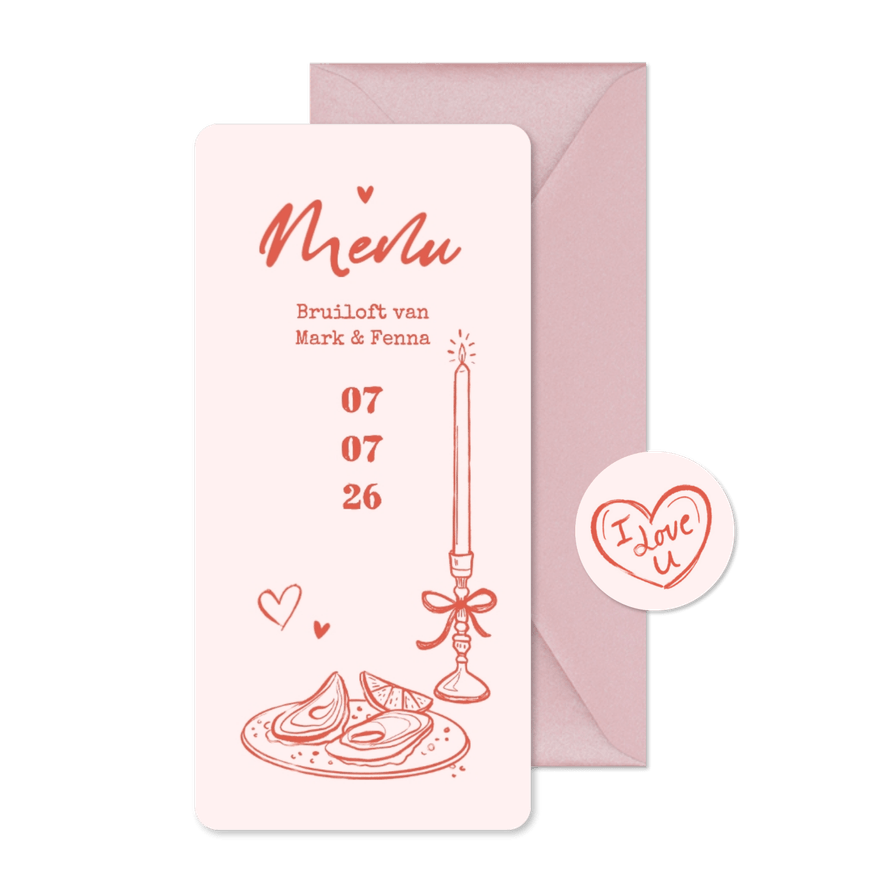 Menukaart bruiloft romantisch doodle illustraties liefde - Kaartimpressie