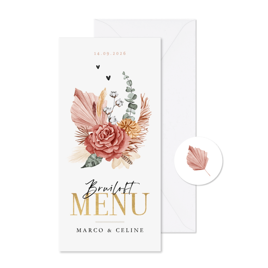 Menukaart bruiloft stijlvol bohemian droogbloemen goud - Kaartimpressie