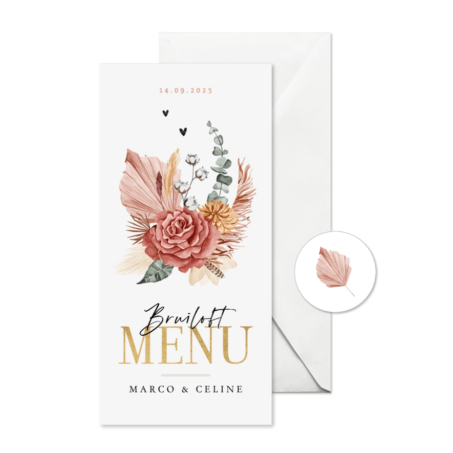 Menukaart bruiloft stijlvol bohemian droogbloemen goud - Kaartimpressie