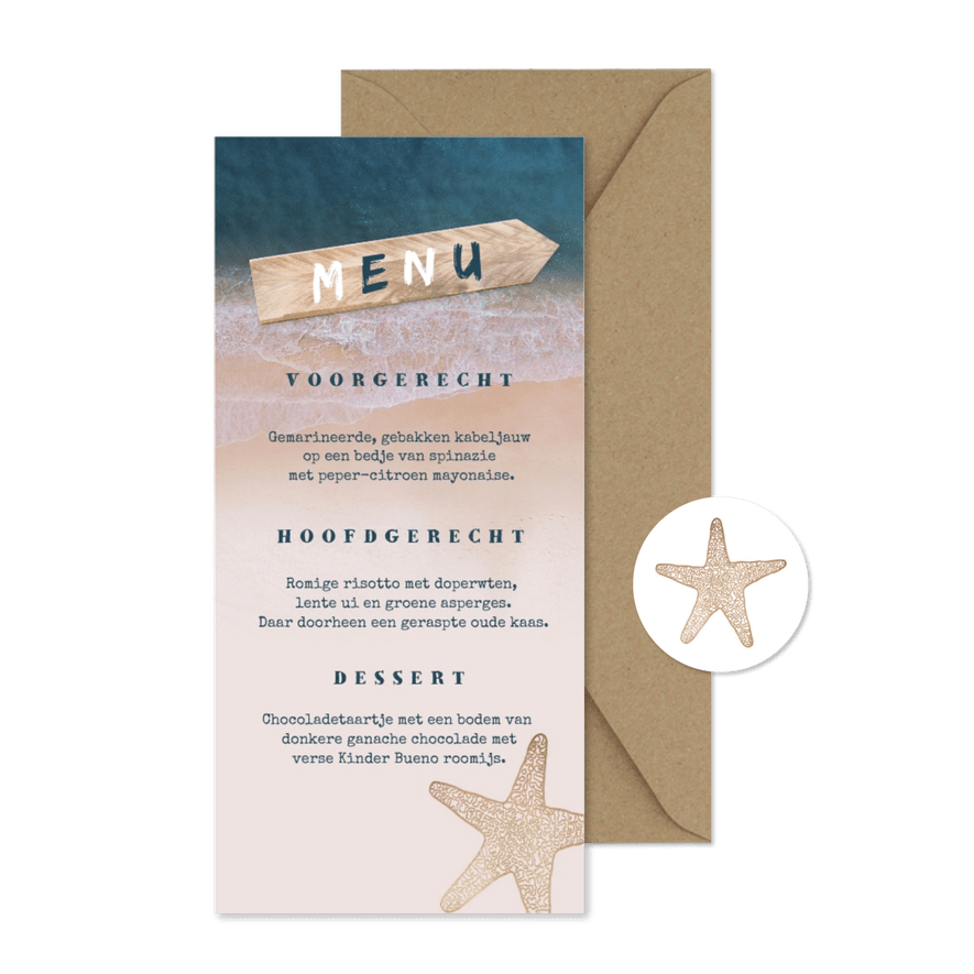 Menukaart bruiloft strand zee wegwijzer zeester goud - Kaartimpressie