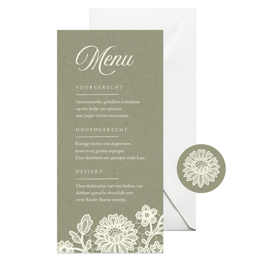 Menukaart bruiloft vintage kraft kant bloemen - Kaartimpressie