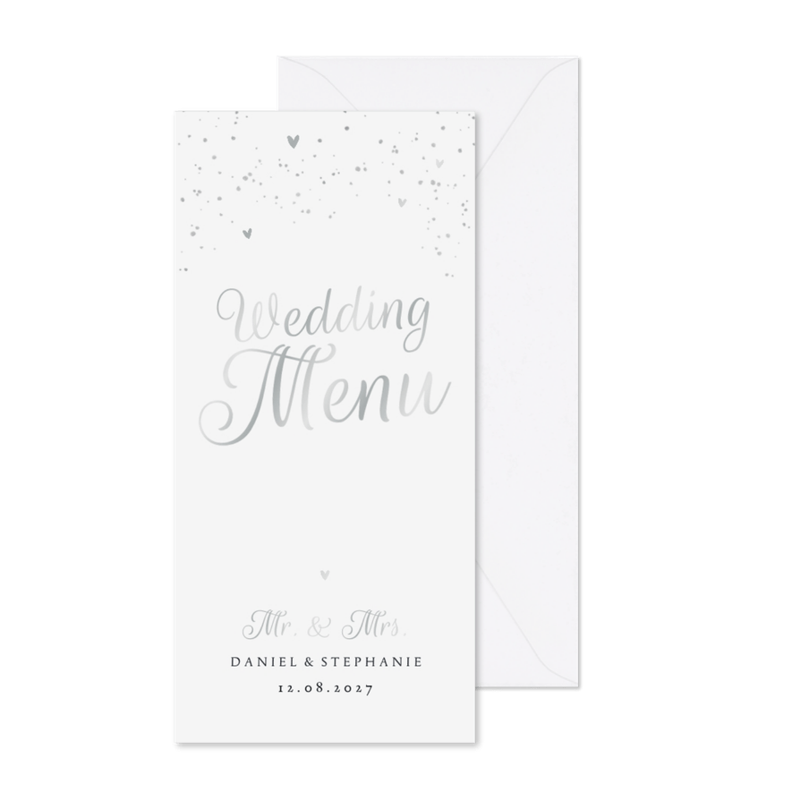 Menukaart bruiloft zilver spetters hartjes - Kaartimpressie