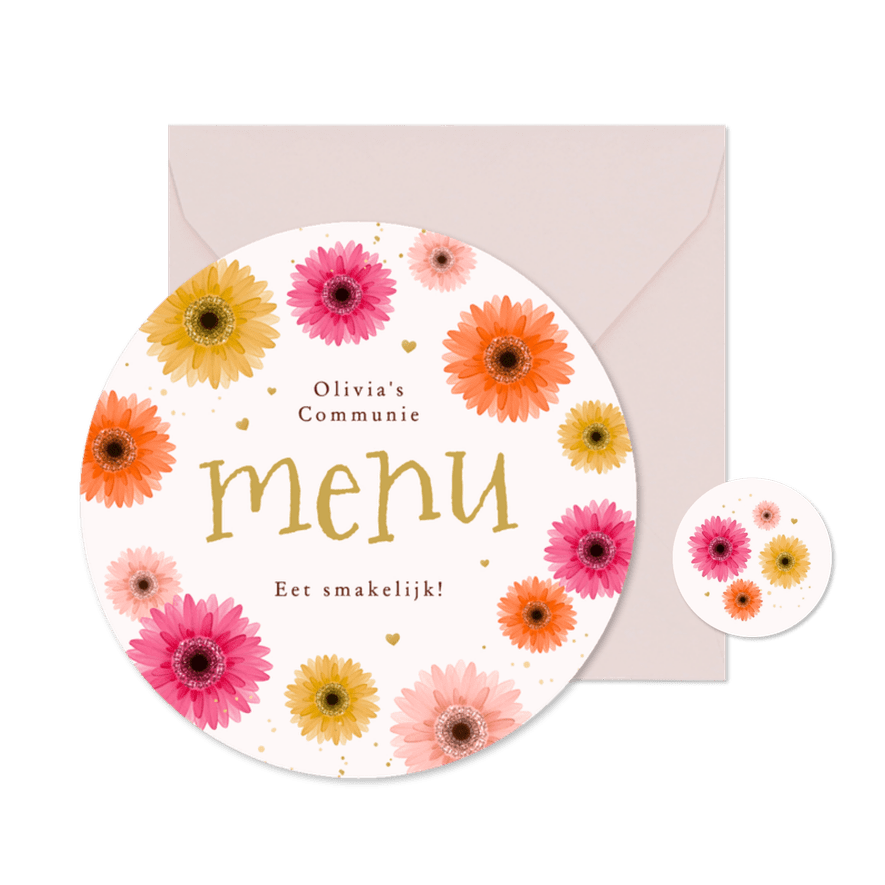 Menukaart cirkel Communie lentefeest gerbera bloemen kleuren - Kaartimpressie