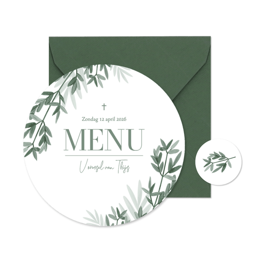 Menukaart cirkelvorm takjes stijlvol neutraal christelijk - Kaartimpressie