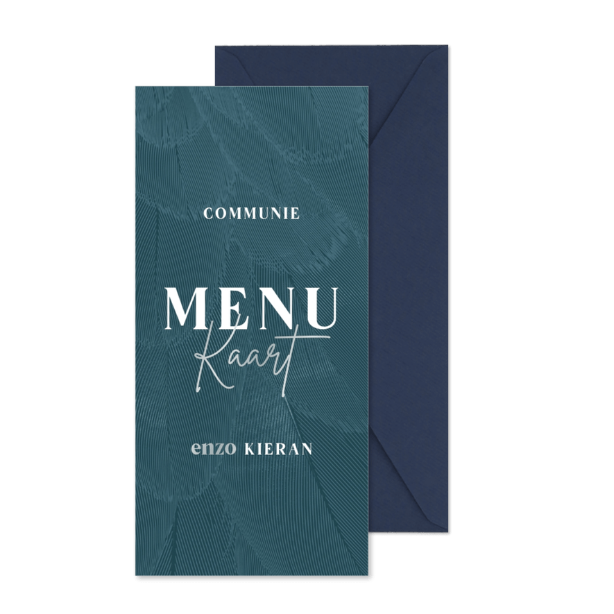 Menukaart communie blauw stijlvol met veren - Kaartimpressie