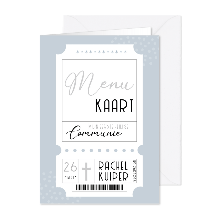 Menukaart communie blauw ticket - Kaartimpressie