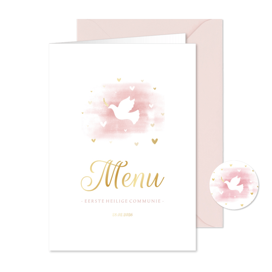 Menukaart communie duif met hartjes en waterverf - Kaartimpressie