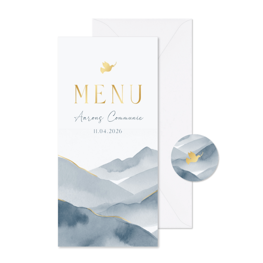 Menukaart communie duifje blauw landschap met goud - Kaartimpressie