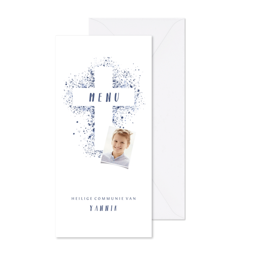 Menukaart communie foto & kruis verfspetters blauw - Kaartimpressie