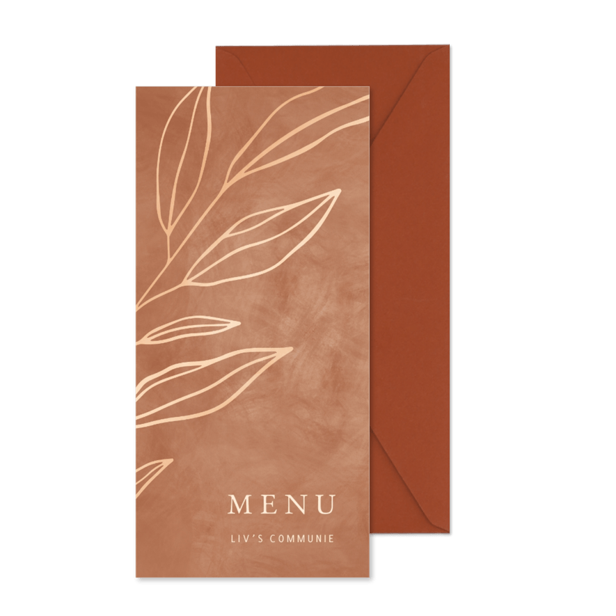 Menukaart communie goudlook takje aardetint - Kaartimpressie
