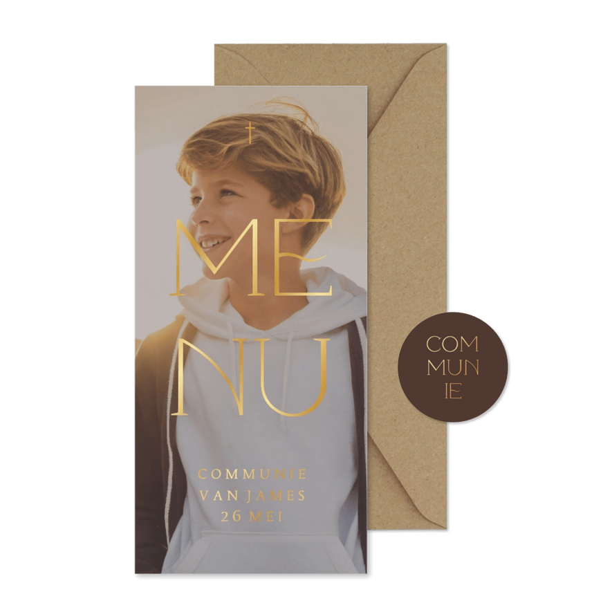 Menukaart communie grote foto transparant met goudfolie - Kaartimpressie