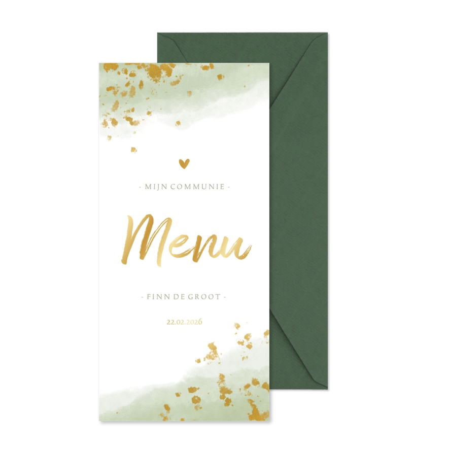 Menukaart communie jongen met waterverf en gouden spetters - Kaartimpressie