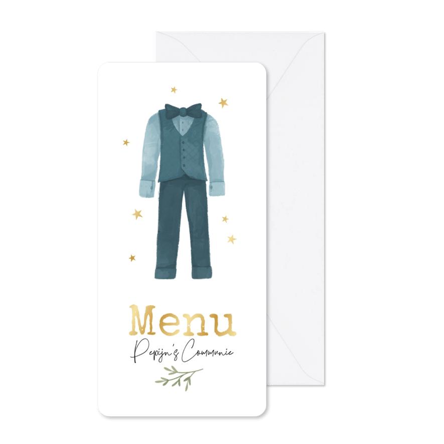 Menukaart communie jongen outfit goud sterren vogel takje - Kaartimpressie