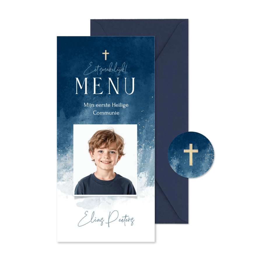Menukaart communie jongen stijlvol foto verf blauw goud - Kaartimpressie