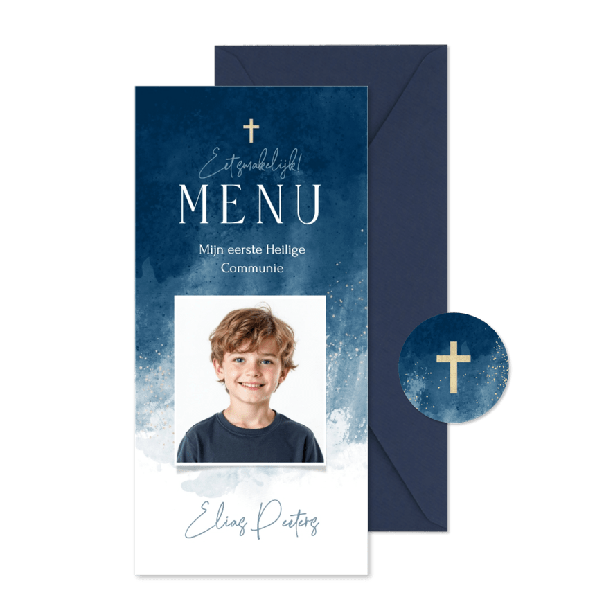 Menukaart communie jongen stijlvol foto verf blauw goud - Kaartimpressie