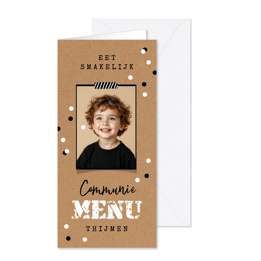 Menukaart communie kraft confetti foto stoer lentefeest - Kaartimpressie