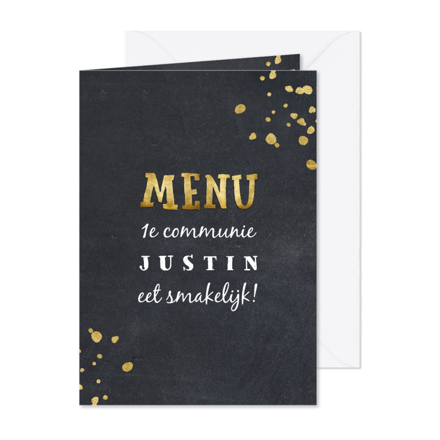 Menukaart communie krijtbord foto en gouden spetters - Kaartimpressie